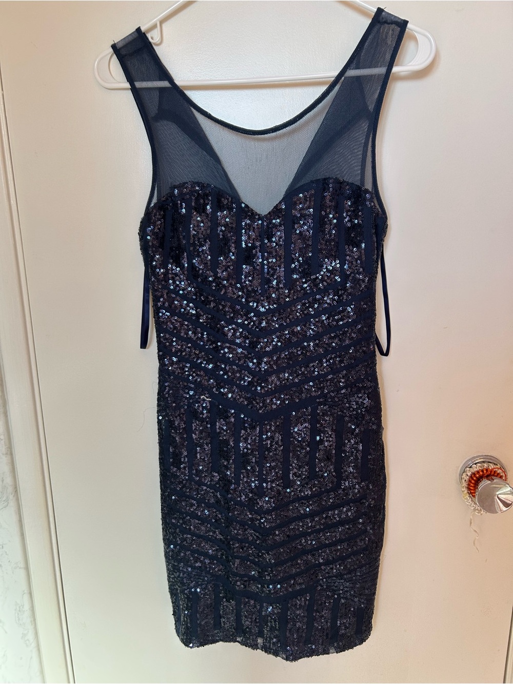 As U Wish Navy Sequin Mini Dress with Sheer Yoke